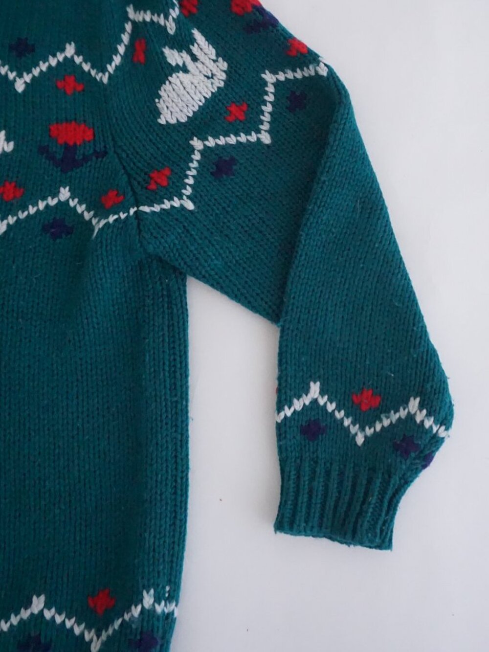 Vintage Bryn Connelly Green Bunny 15% Wool Fair Isle Knit Collared Sweater L - Picture 4 of 10